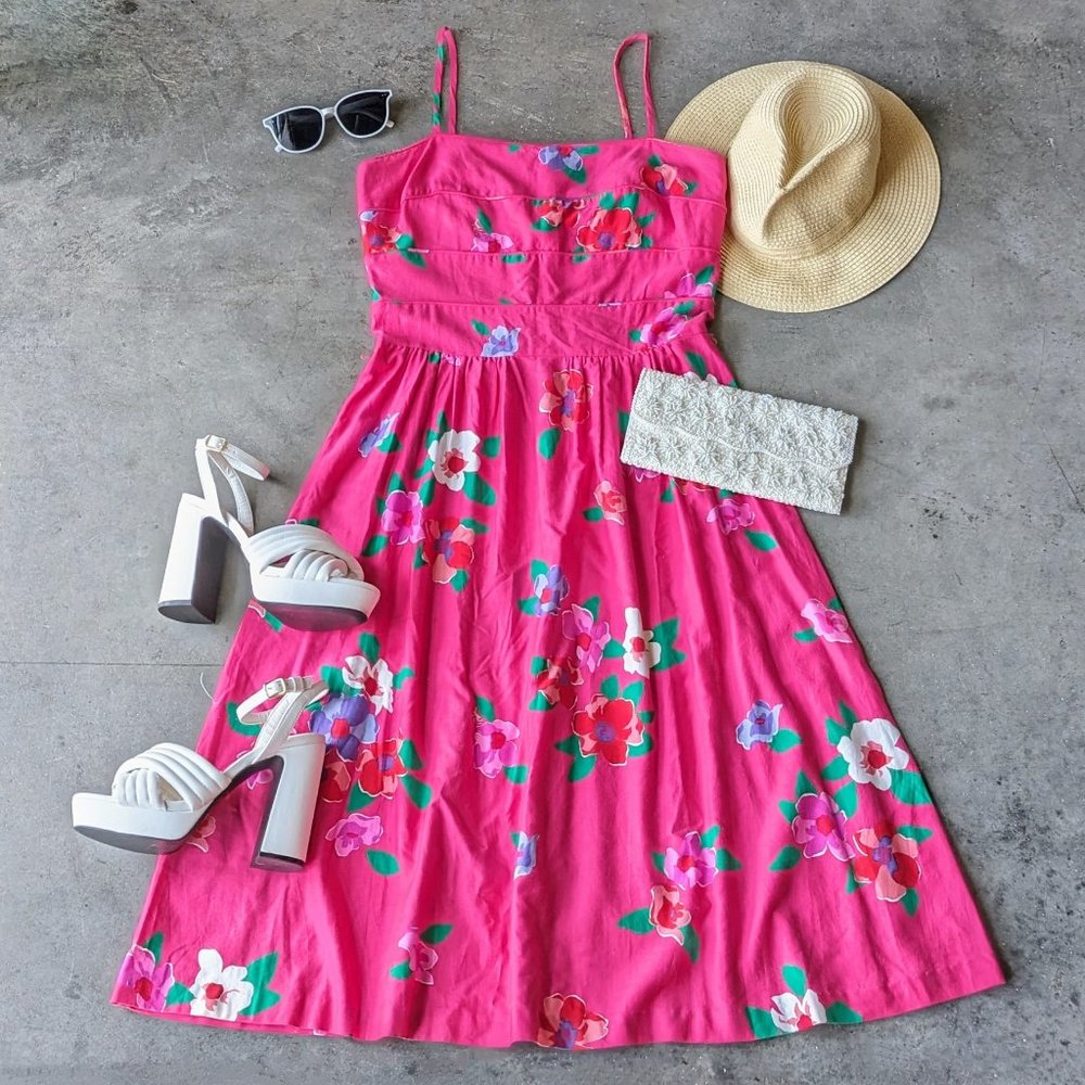 Vintage 70s Hawaiian Hot Pink Floral Sleeveless Midi Party Dress Sundress